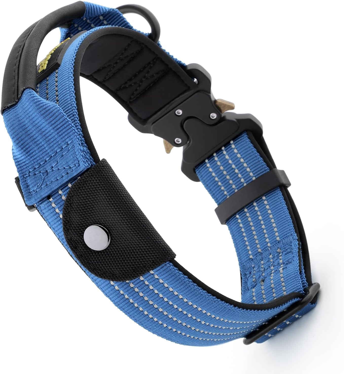 Plutus Pet Tactical Dog Collar with Tracker Pocket for AirTag, Adjustable Reflective Nylon Collar, Metal Buckle, Leather-Wrapped Handle, Soft Padded for Medium Large Dogs (Blue, M)