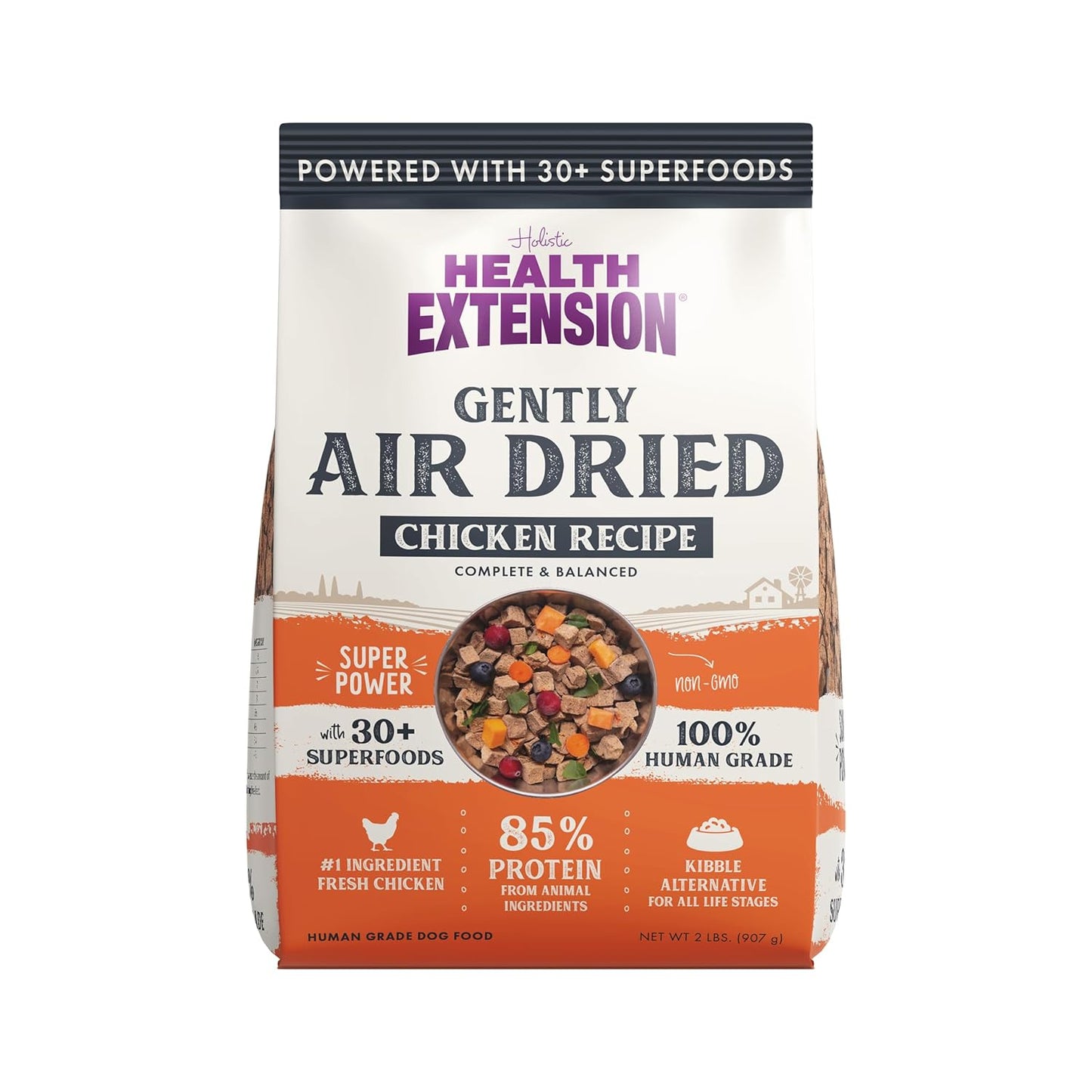 Health Extension Gently Air Dried Chicken Dog Food, (2lb, 907 g) – Complete & Balanced with 85% Animal Protein and 30+ Superfoods for All Life Stages