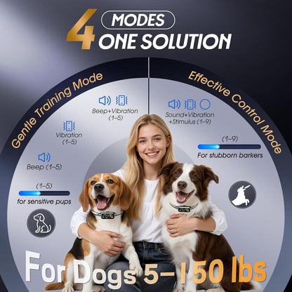 Dog Bark Collar Pro, Instant Bark Solution, Smart Anti Barking Device with 4 Correction Modes, Fast-Acting Barking Collar for for Large Medium Small Dogs 5-150lbs, Ideal for Home & Outdoor Use
