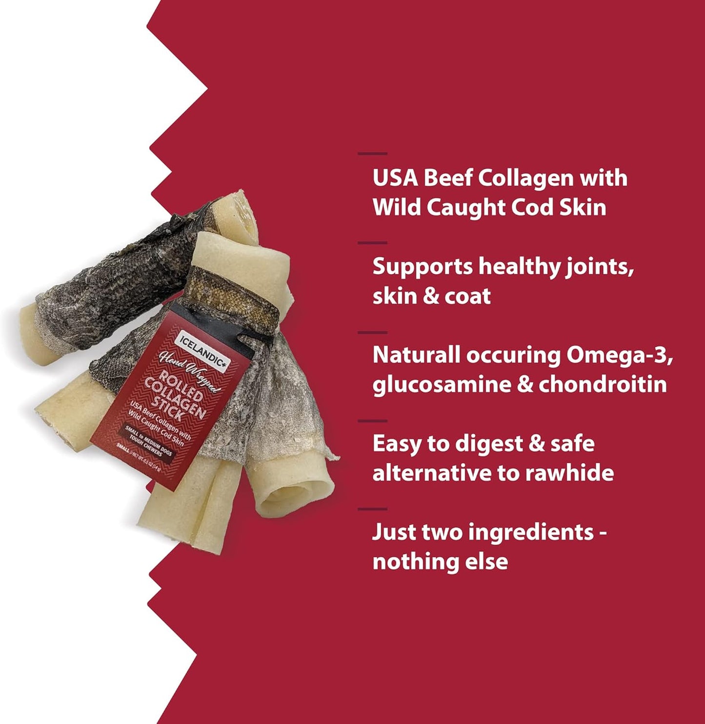 Icelandic+ Rolled Collagen Stick: Beef & Cod Skin - 4" Dog Crew Treat, Hand-Wrapped Fish, 2 Ingredient Pet Snacks, Dental Health, Rawhide Alternative (Pack of 6)