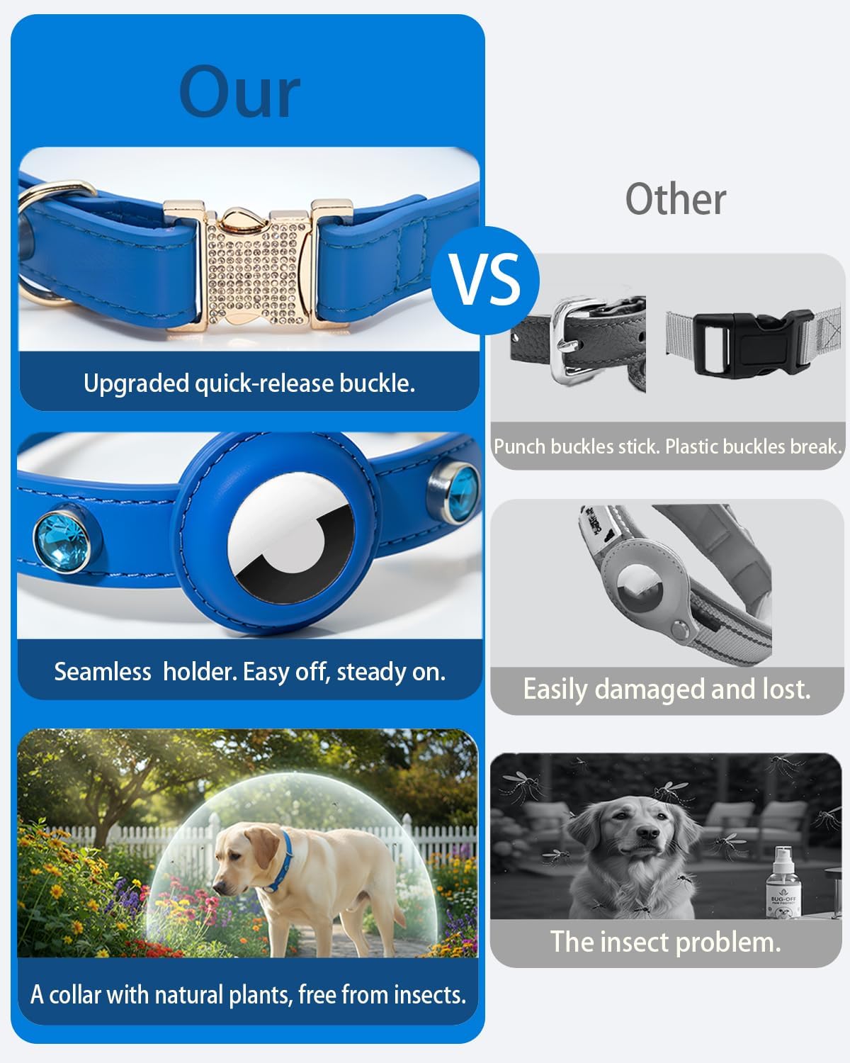 Upgraded AirTag Dog Collar - Adjustable Diamond-Studded Leather Dog Collar with Quick-Release Buckle | Luxurious Jewelry Accessory for Small, Medium, and Large Dogs (L (14"-18"))