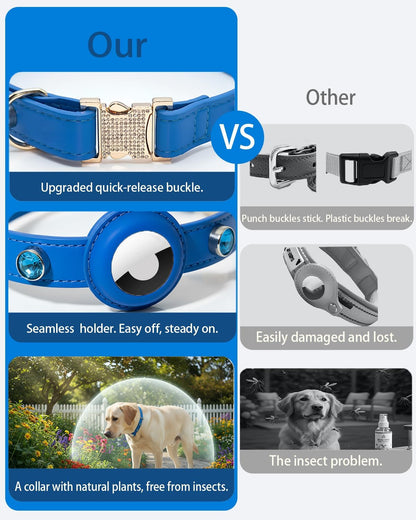 Upgraded AirTag Dog Collar - Adjustable Diamond-Studded Leather Dog Collar with Quick-Release Buckle | Luxurious Jewelry Accessory for Small, Medium, and Large Dogs (L (14"-18"))