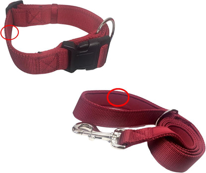 Pet Collar and Leash Set, Padded, Red, Nylon, Includes Bones and Paw Print Bandana