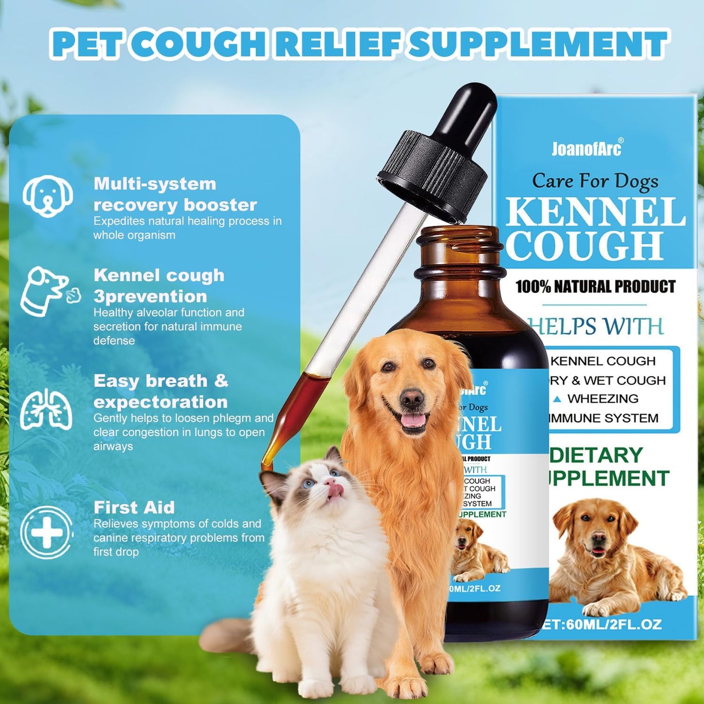 Cough Herbal Drops for Dogs & Cats, 60ML Natural Dog Supplement, Herbal Cough Drops for All Breeds & Sizes, Soothing Supplement for Dogs, Soothing Dog Cough