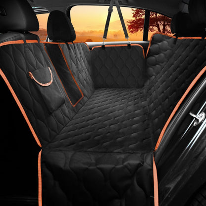 Waterproof Dog Car Seat Cover, Black with Orange Trim, Universal Size Back Seat Protector with Mesh Window, Storage Pocket, Side Flaps for Car, Truck, SUV
