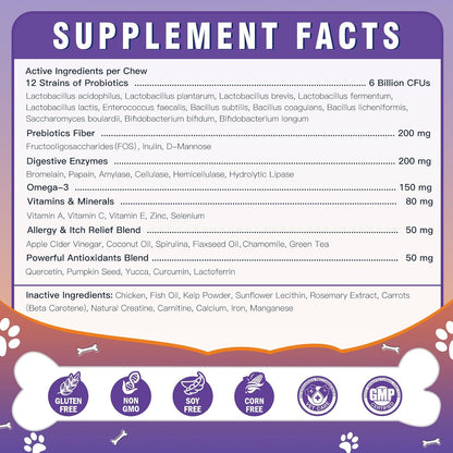 DRFOSTER Probiotics for Dogs, Freeze-Dried Dog Probiotics and Digestive Enzymes, Plus Omega-3 for Itchy Skin, Prebiotics for Digestive Health, Dog Vitamins and Supplements for Immune Health, 180 Bites