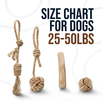 4Pcs Coffee Wood Chew Stick & Hemp Dog Ball Toy for Small & Medium Dog 25-50lbs, 100% Natural, Teething Chewing Interactive to Keep Them Busy, Wood Chew Toy for Birthday