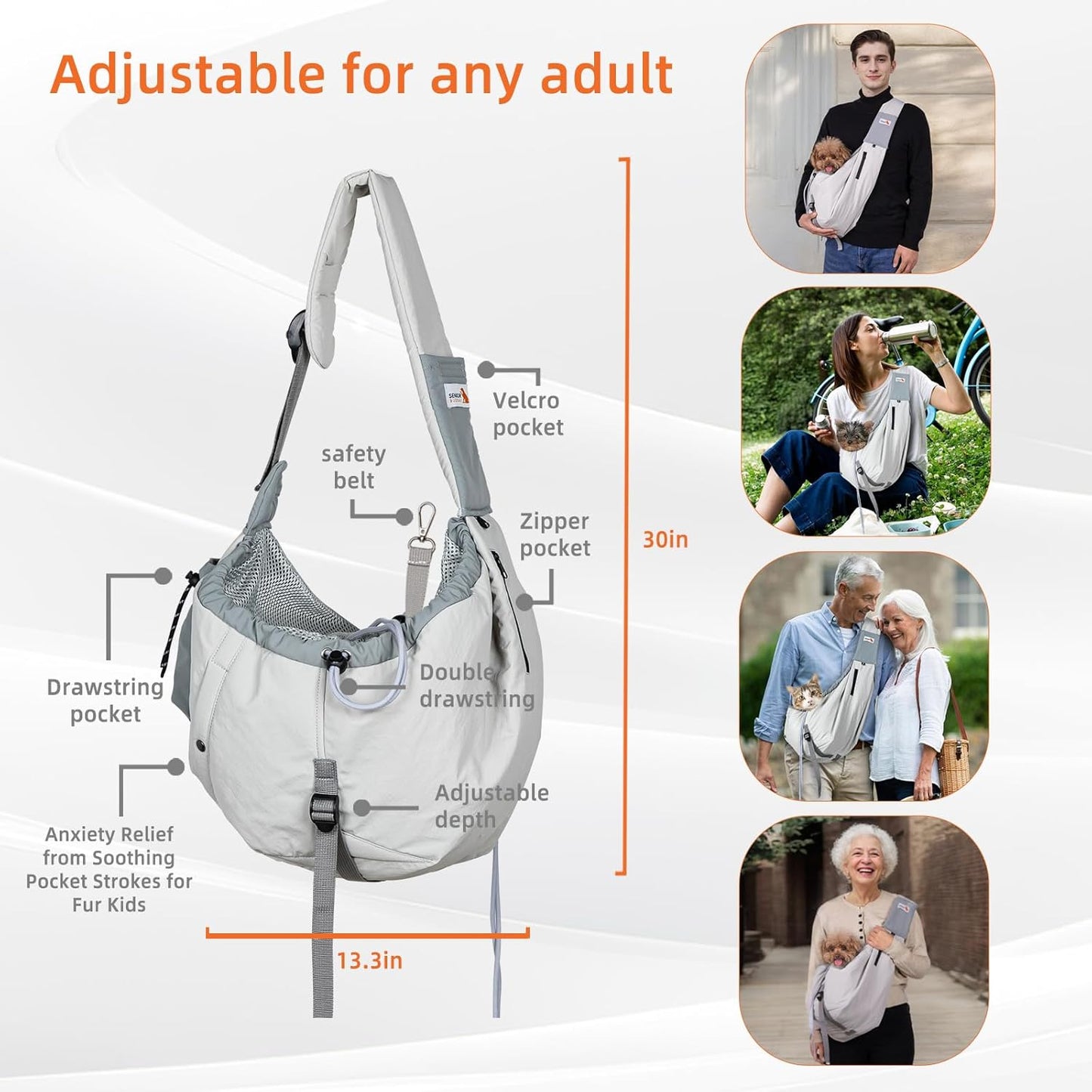 Dog Carrier Sling,Dog Carriers for Small Dogs & Cats Up to 20lbs,Puppy Carrying Backpack Pet Purse with Pockets,Adjustable Shoulder Strap,Hands Free for Travel (Grey)