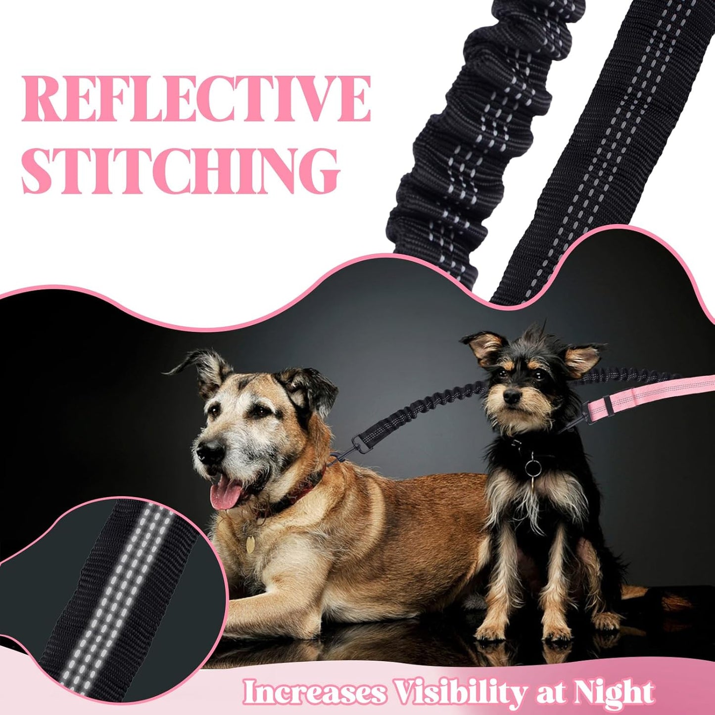 Double Dog Leash Coupler-360°Swivel,2 PCS No Tangle Walking Leash with Shock Absorbing Bungee for Outdoor Walk Train Small Medium Pet(Pink,Purple)