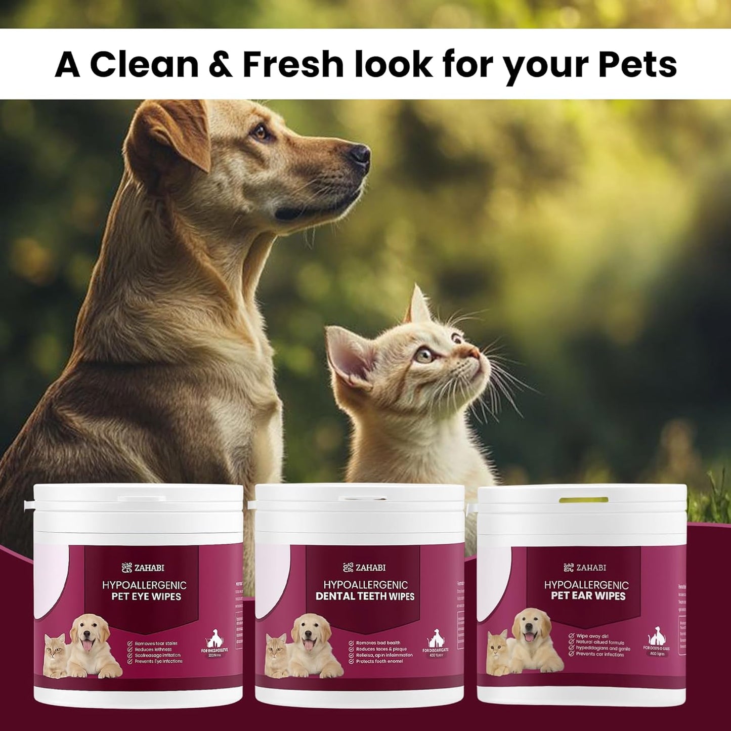 ZAHABI 3-in-1 Pet Wipes for Dogs & Cats, Hypoallergenic Eye, Ear & Teeth Cleaning Wipes, 100 Eye + 50 Ear & 50 Teeth Wipes, Tear Stain Remover, Ear Wax Cleaner, Breath Freshener, Pet Grooming Wipes