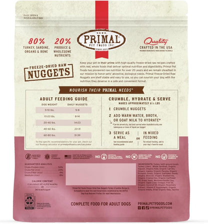 Primal Freeze Dried Raw Dog Food Nuggets, Turkey & Sardine Complete & Balanced Meal, Also Use as Topper or Treat, Premium, Healthy, Grain Free, High Protein Raw Dog Food, 30 oz