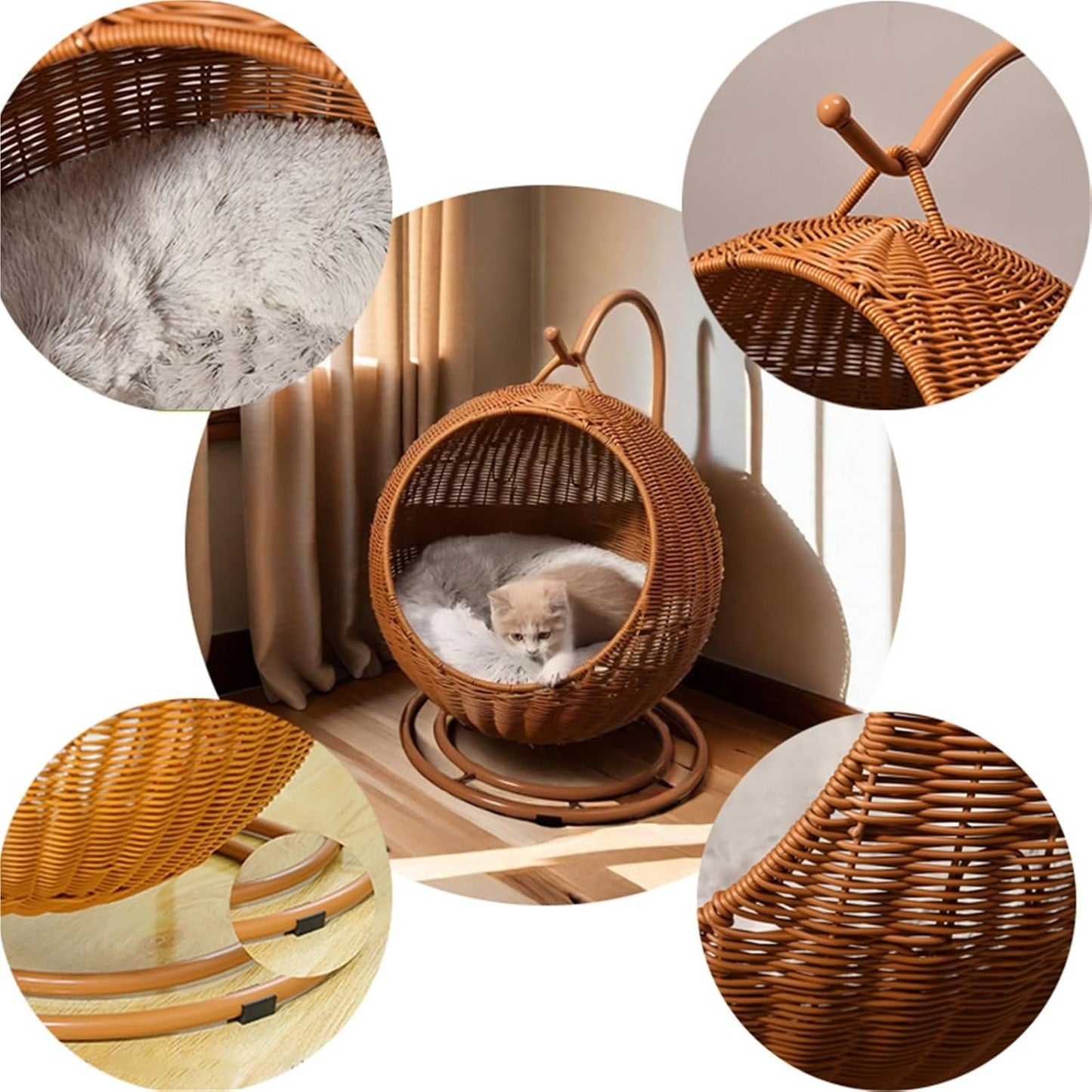Cat Swing Bed with Cushion Indoor Outdoor Wicker Hanging Cat Bed for Dogs, and Small Animals pet Egg Chair for Living Rooms, Bedrooms, Patios, or Gardens(Brown)