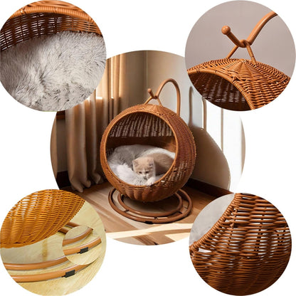Cat Swing Bed with Cushion Indoor Outdoor Wicker Hanging Cat Bed for Dogs, and Small Animals pet Egg Chair for Living Rooms, Bedrooms, Patios, or Gardens(Brown)