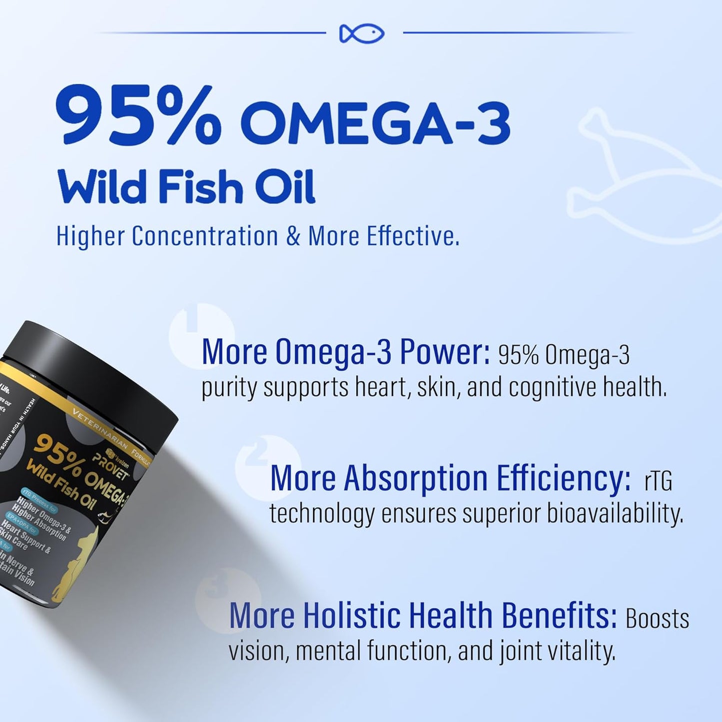 95% Omega 3 Fish Oil for Dogs & Cats, Vet-Formulated with RTG Processed Salmon Oil, Maximum EPA & DHA, Supports Heart, Skin, Coat, Joint，Heart & Immune Health, 100 Soft Gels