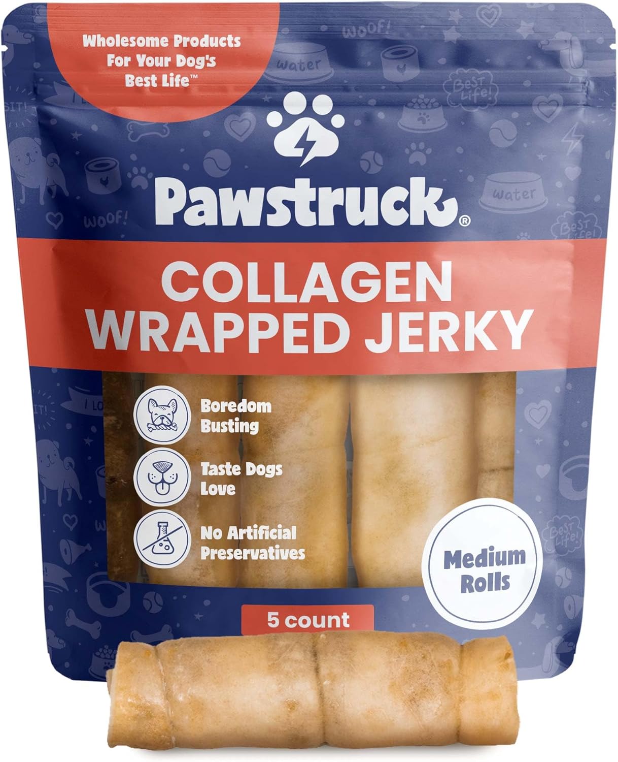 Pawstruck 2-in-1 Collagen Wrapped Jerky Natural Treats for Dogs - 5 Medium Rolls - Limited Ingredient Grain Free for Small, Medium, and Large Dogs