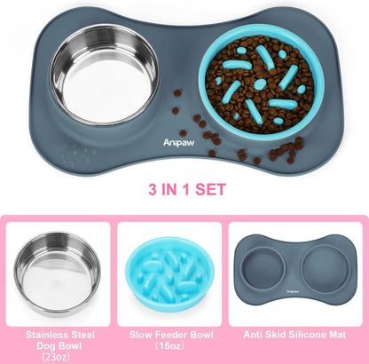 Slow Feeder Dog Bowls 3 in 1 Stainless Steel Dog Food and Water Bowls with Non-Spill and Non-Skid Silicone Mat to Slow Down Eating for Large Medium Small Breed Size Dogs and Cats