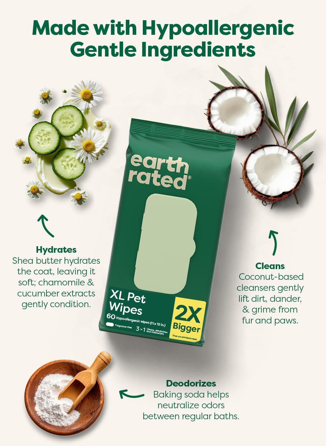 Earth Rated XL Pet Wipes for Dogs & Cats, 3-in-1 Unscented Hypoallergenic Cleaning, Deodorizing and Hydrating Extra Large Grooming for Body, Paws and Butt, Unscented, 60 Count