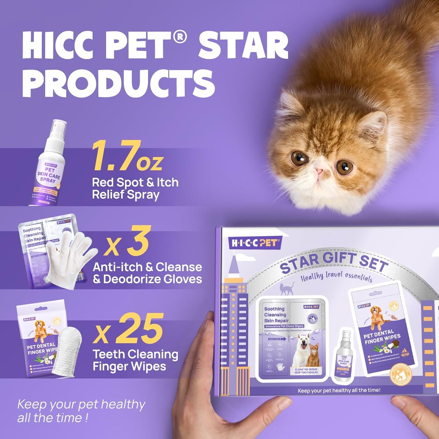 HICC PET Dogs Essential Clean & Care Kit - Pets Hot Spot Treatment & Itch Relief Spray + Cleaning Deodorizing Teeth and Body Wipes for Dogs and Cats - Great for Daily & Travel