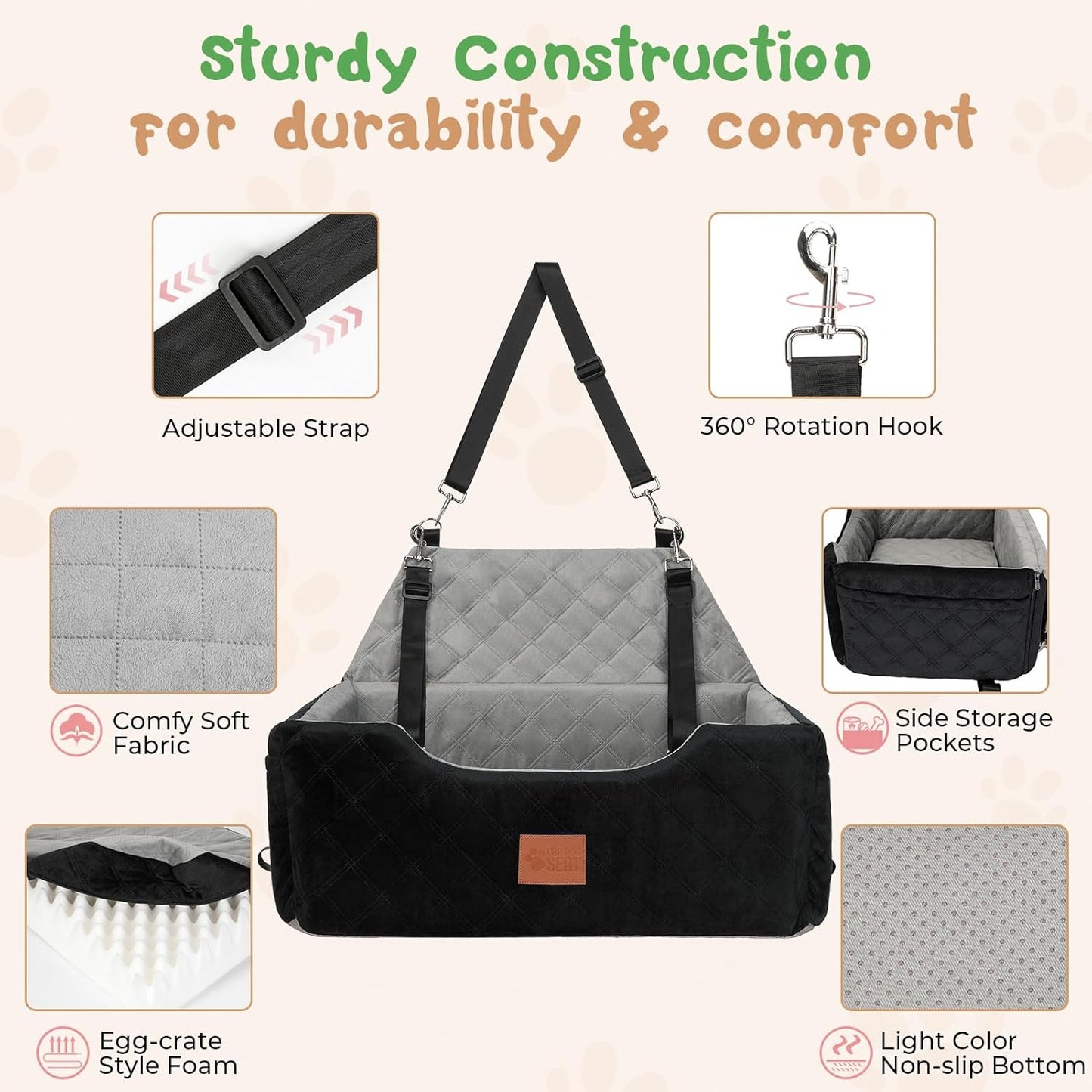 Dog Seat for Car Travel, Booster Car Seat for Large/Medium Dogs Under 55 lbs or 2 Small Pets, Detachable & Washable Dog Seat Bed with Safety Leashes & Thick Cushion (Black&Grey)