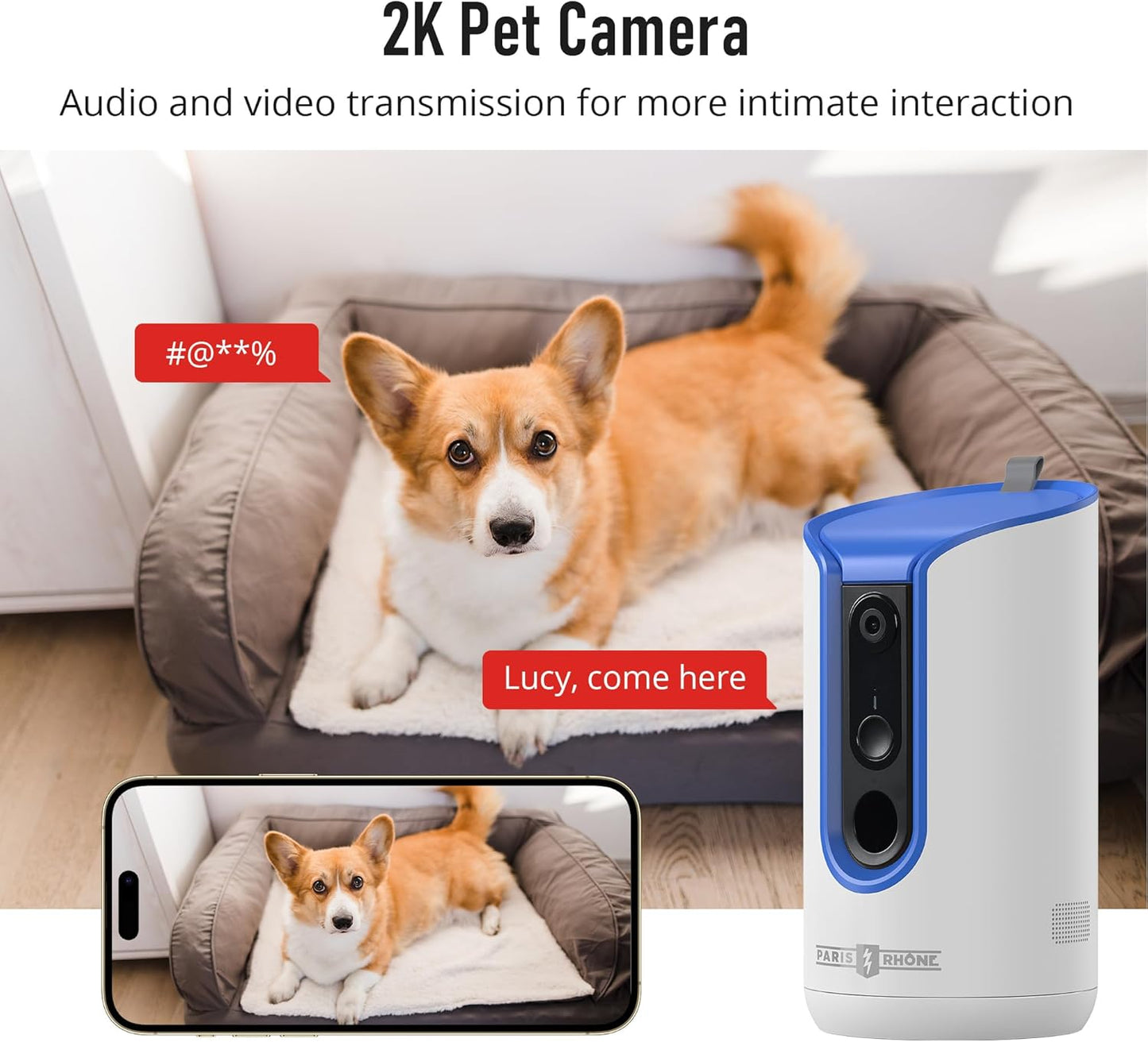 PARIS RHÔNE 2K Pet Camera, 360°View Dog Camera Treat Dispenser, 5G WiFi Pets Monitoring with Phone APP, Two-Way Audio, Infrared Night Vision, Barking Detection and Motion Alerts, Works with Alexa
