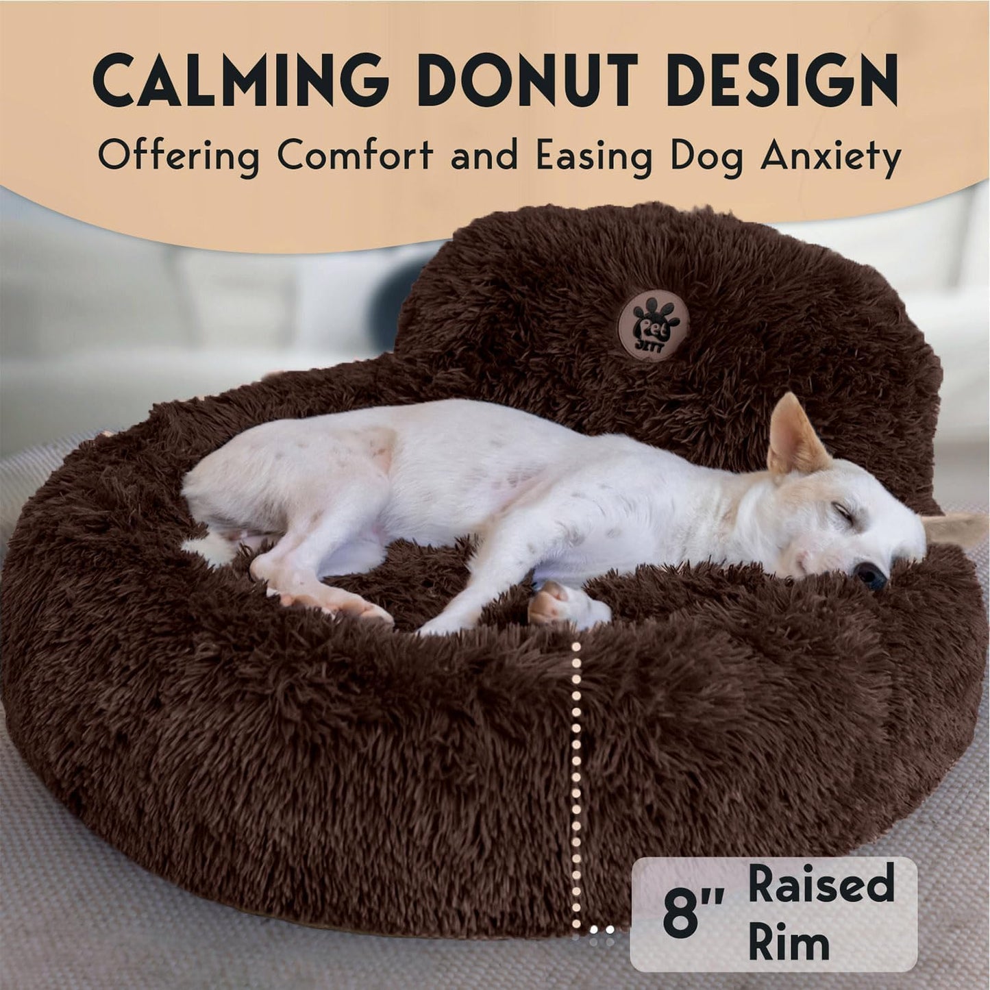 PetJett Calming Dog Bed Medium Size Dog - 30'' Donut Bed, Anti-Slip & Washable Super Soft Fluffy Plush Round Bed, Anti-Anxiety Premium Comfort Pet Bed, Fits Dogs up to 45 lbs - Brown