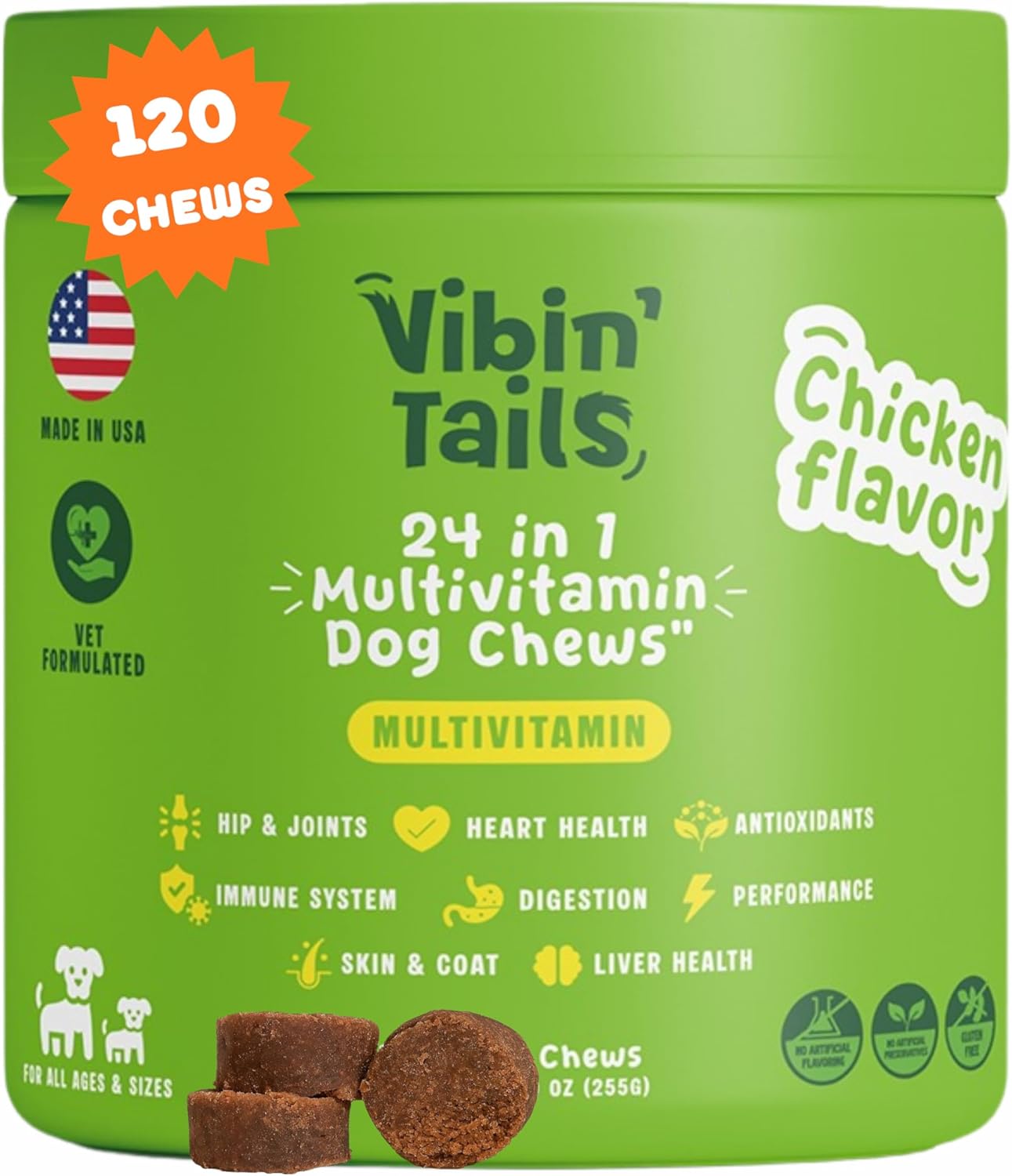 Vibin’ Tails Dog Multivitamin, Chewable Dog Vitamins and Supplements with Glucosamine, Chondroitin, Probiotics & Omega-3 for Hip & Joint, Skin & Coat – Puppy & Senior Multivitamin – 120ct