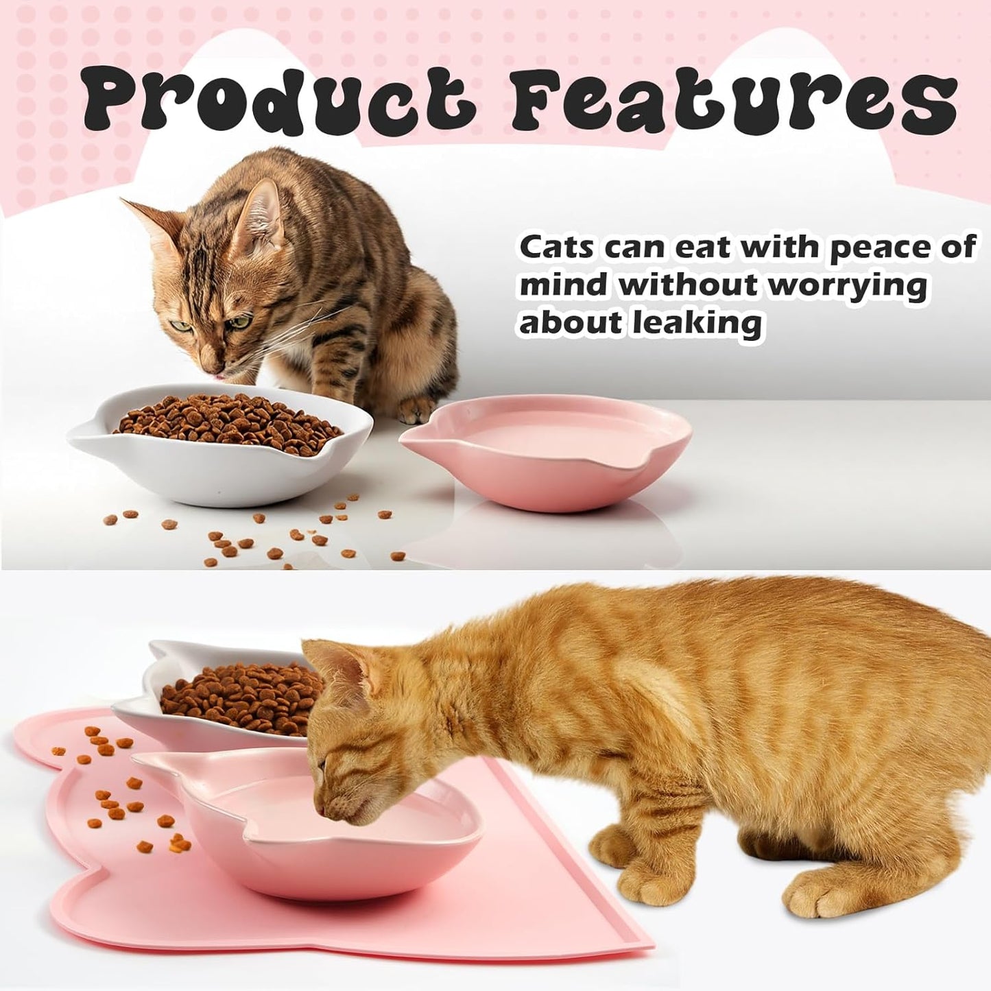 Ceramics Cat Food Bowls and No Spill Silicone Cat Ear Mat 3 Pcs Set Christmas Pet Dining Combo Gift Wide Shallow Cute Pet Dog Feeding Dish Thicker Nonslip Mat with Raised Edge for Small Medium Puppies