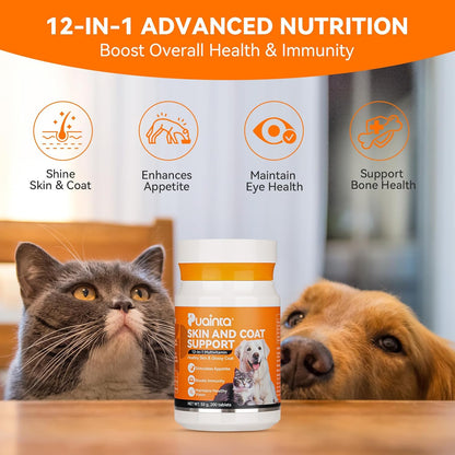 Dog Vitamins for Itchy Skin, Omega 3 Fish Oil for Healthy Skin, Less Shedding, Fluffy Hair, 12-in-1 Multivitamin for Dogs & Cats, Folic Acid Pregnant Dog Skin Care-200 Tablets