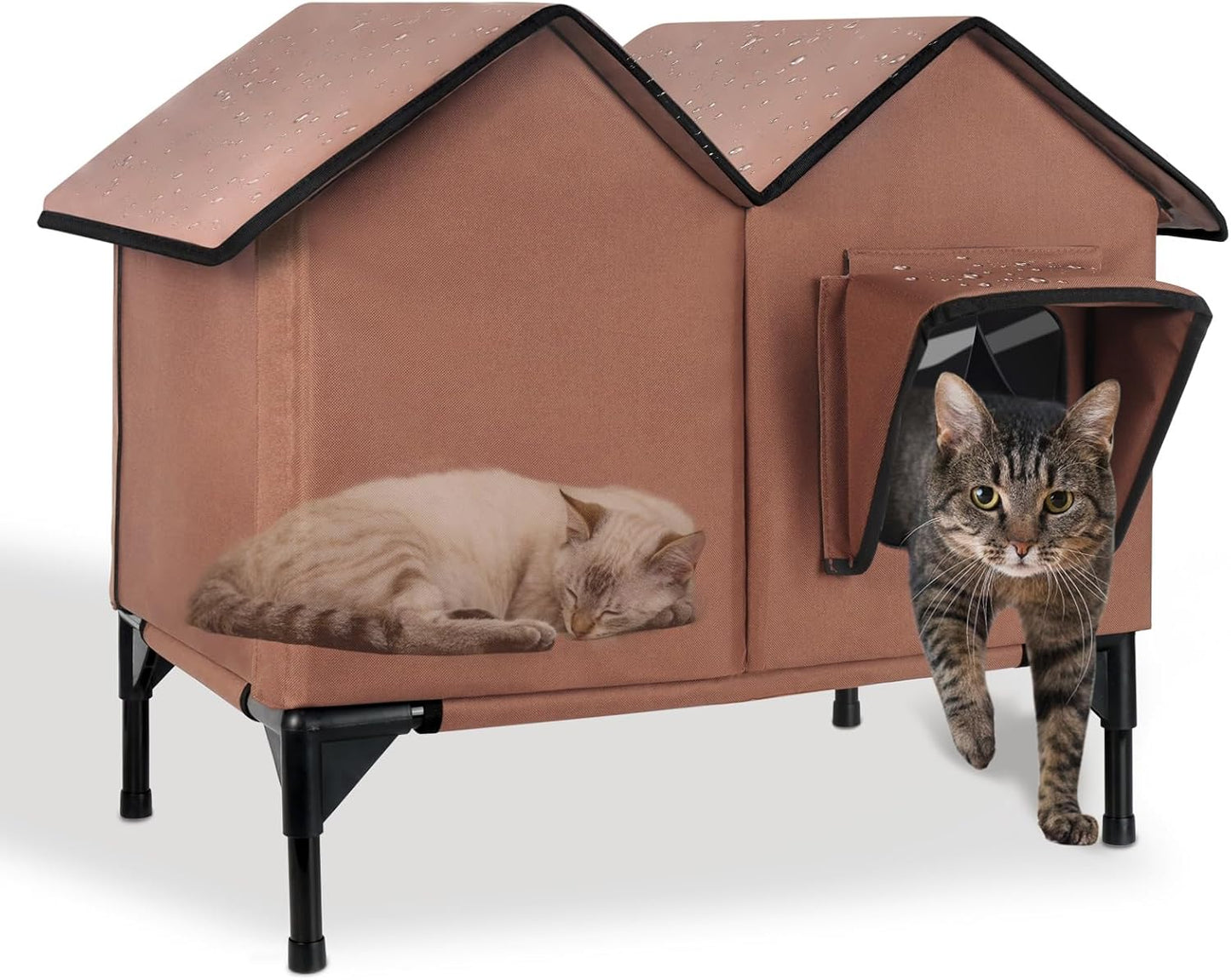 Outdoor Cat House Weatherproof, Large Waterproof Insulated Elevated Outdoor Cat Shelter with Escape Doors, Outside Cat House for Multiple Cats and Small Dogs, Available in All Seasons, Brown