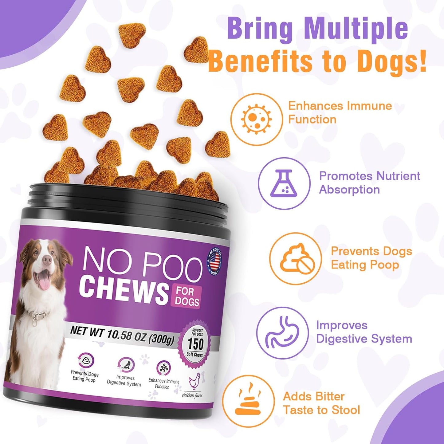 300 Chews No Poo Chews-No Poop Eating Deterrent for Dog-Coprophagia Deterrent for Dogs-Prevent Stop Dogs from Eating Poop Supplement with Digestive Enzymes&Probiotics-Breath Freshener-Chicken Flavor