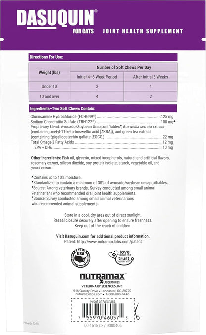 Nutramax Dasuquin Joint Health Supplement for Cats - With Glucosamine, Chondroitin, ASU, Boswellia Serrata Extract, Green Tea Extract, and Omega-3, 84 Soft Chews