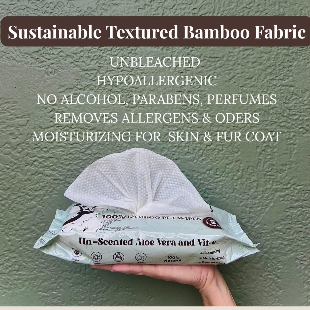 XL Organic Unscented Pet Wipes - Paws Body Butt - Plant Based Bamboo Pet Wipes - Thick Hypoallergenic & Textured for Cleansing & Gentle Hydrating Cat & Puppy Dog Wipes for Travel
