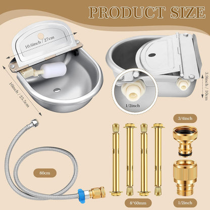 Bokon 4 Set Automatic Animal Drinking Water Trough Bowl Automatic Livestock Drinking Dispenser Stainless Steel Waterer for Horses Dogs Goat Pig with Float Pipe Connector Countersunk Bolt
