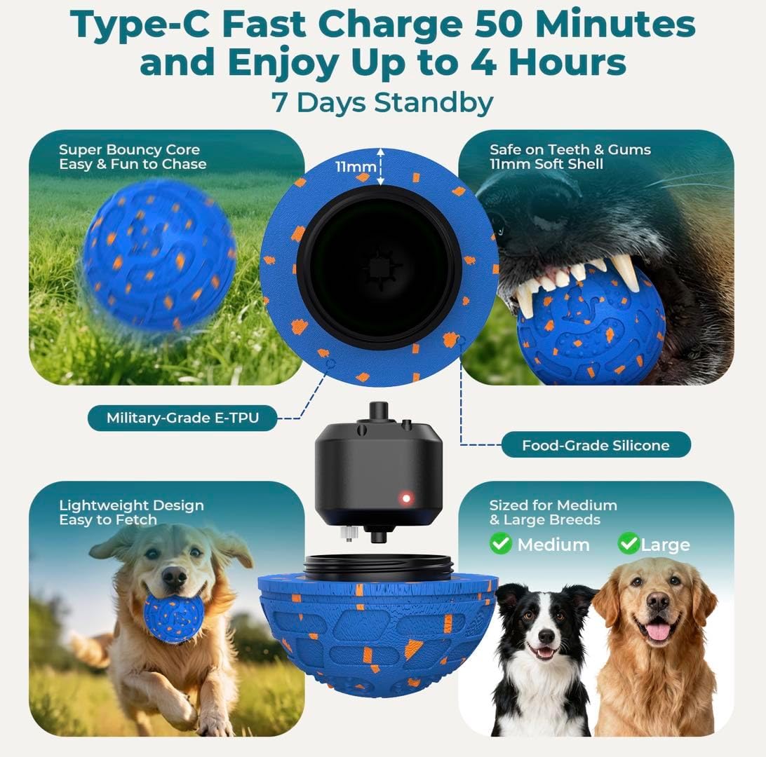 CatPrint Smart Interactive Dog Toy Ball – Automatic Moving, Bouncing & Rolling, 3 Modes, Chew-Proof E-TPU Shell, Waterproof, Rechargeable,Dog Ball for Medium and Large Dogs,Blue Vine