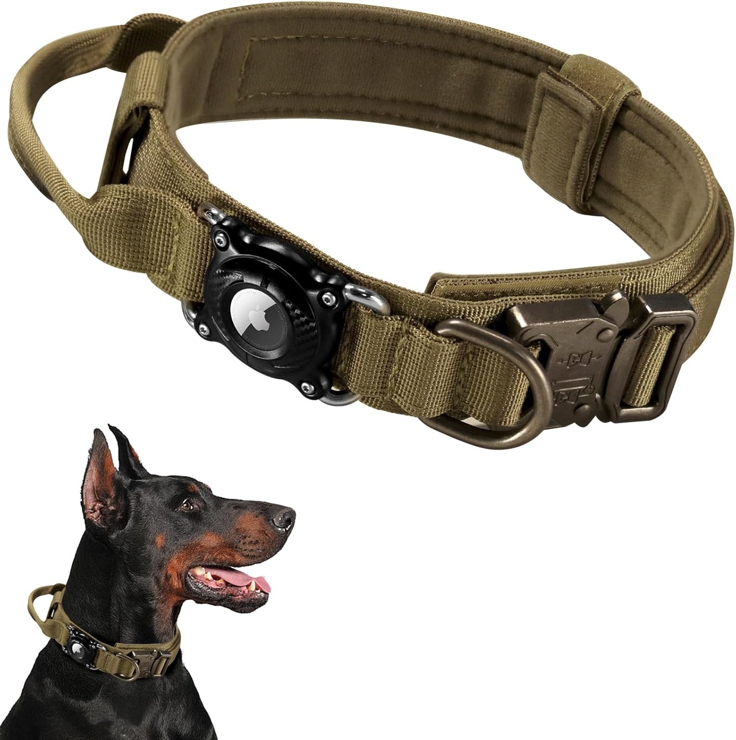 2025 Upgrade Military Tactical Dog Collar with Waterproof AirTag Holder - Heavy Duty Nylon GPS Tracking Collar with Control Handle & Metal Buckle for Medium Large Dogs (Khaki, Large)