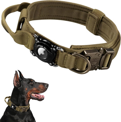 2025 Upgrade Military Tactical Dog Collar with Waterproof AirTag Holder - Heavy Duty Nylon GPS Tracking Collar with Control Handle & Metal Buckle for Medium Large Dogs (Khaki, Large)