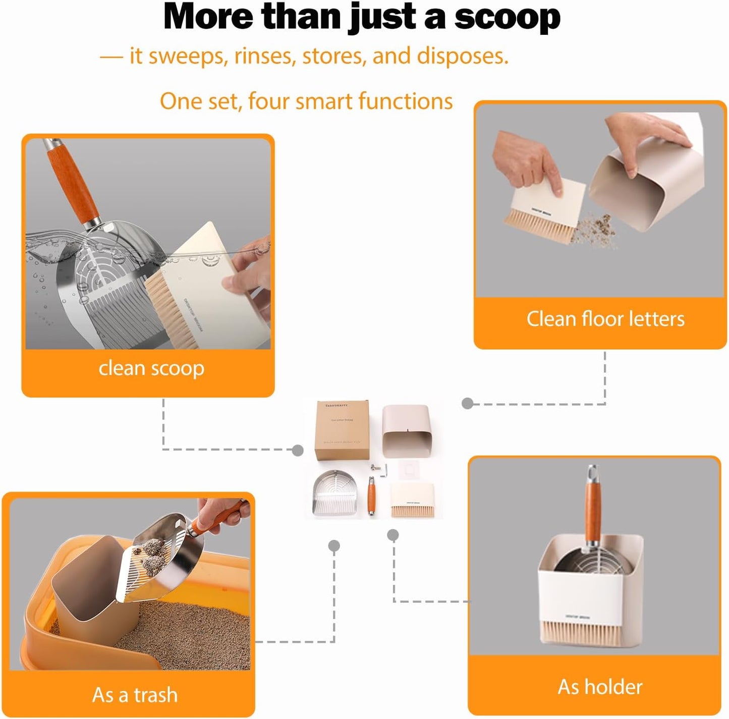 Custom 40% Thicker Side Edges 304 Stainless Steel Metal Cat Litter Scoop with Holder Stand Small Broom & Dustpan - Durable, Anti-Break Handle