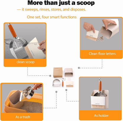 Custom 40% Thicker Side Edges 304 Stainless Steel Metal Cat Litter Scoop with Holder Stand Small Broom & Dustpan - Durable, Anti-Break Handle