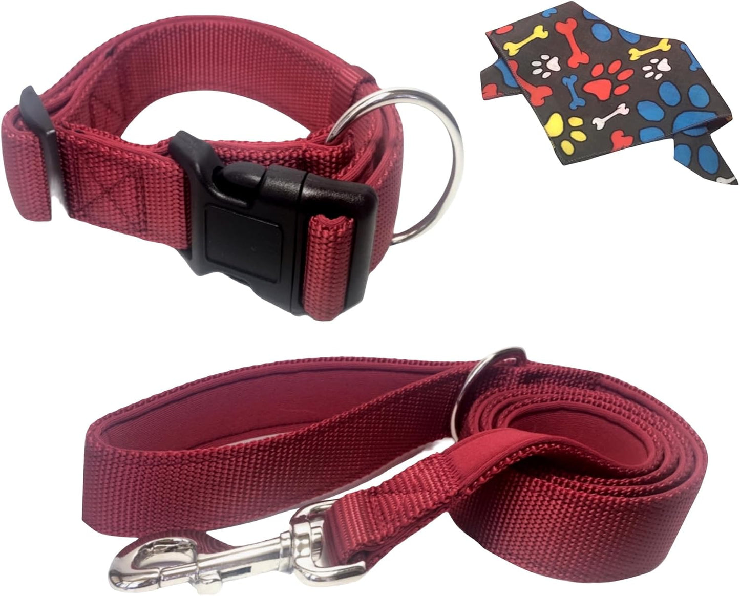 Pet Collar and Leash Set, Padded, Red, Nylon, Includes Bones and Paw Print Bandana