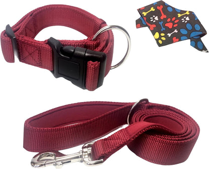 Pet Collar and Leash Set, Padded, Red, Nylon, Includes Bones and Paw Print Bandana