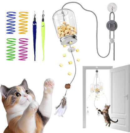 2-in-1 Cat Toy Interactive Feather Toy Door Hanging Kitty String Treat Toy Retractable Doorway Kitten Self Play Teaser Wand Toy Enrichment Accessories for Bored Indoor Kitten Adult Cat