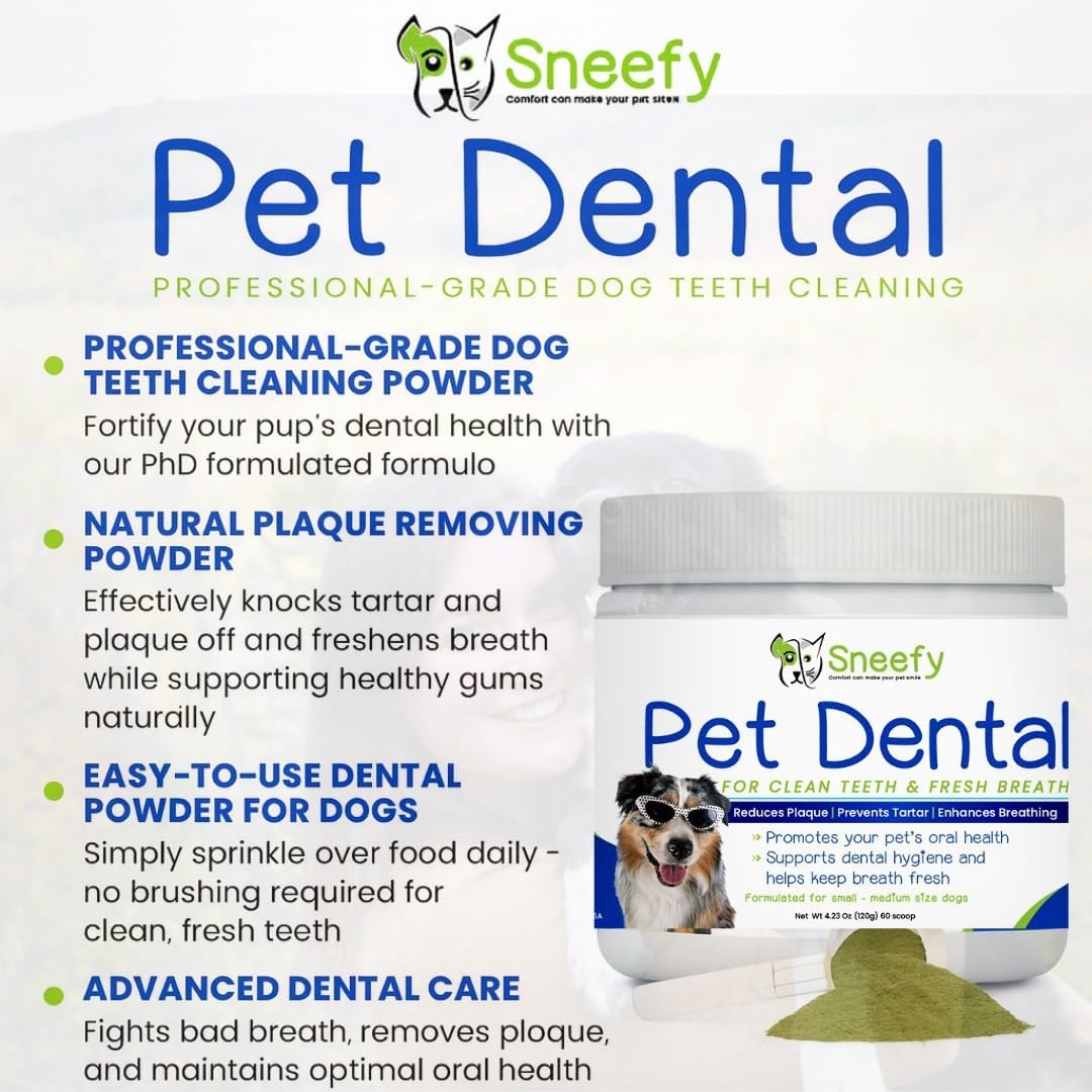 Dog Dental Care Powder - Natural Dog Teeth Cleaning & Breath Freshener | Herbal Blend + Probiotics Lab Tested Oral Care Formula for Fresh Breath & Clean Teeth | Oral Health Supplement (60 Servings)