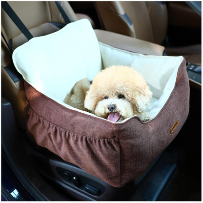Dog Car Seat for Small Dogs Under 25Lbs, Portable Comfy Safe Puppy Car Seat Travel Bed with Storage Pockets, Fully Detachable Washable Dog Booster Carseats for Front & Back Seats, Brown