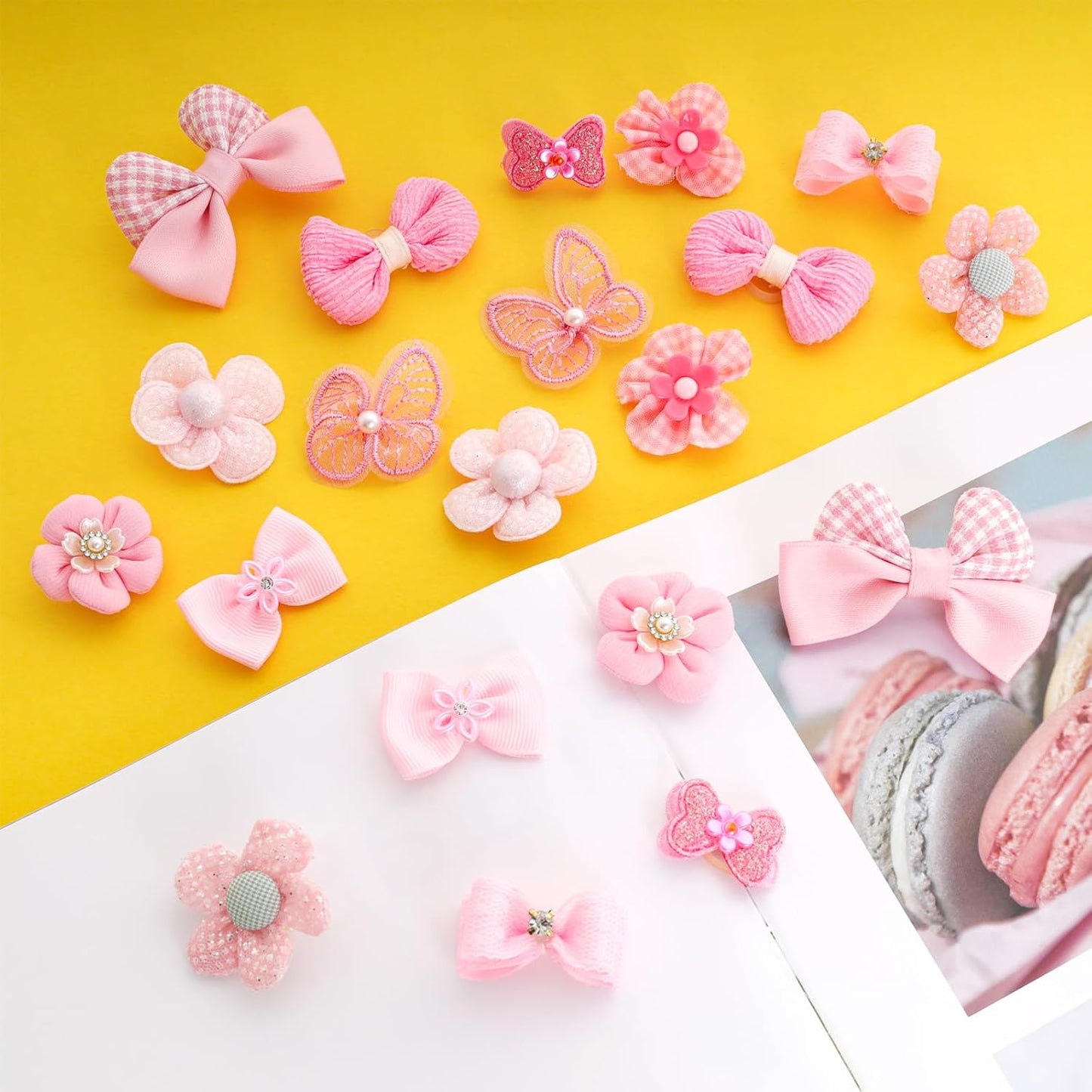 20Pcs Light Pink Small Dog Hair Bows Cute Puppy Dog Bowknot Hair Bow Bulk with Rubber Bands Elastic Lace Rhinestone Pearls Hair Ties Mix Style Handmade Flower Bow Dog Cat (Light Pink, Cute pattern)