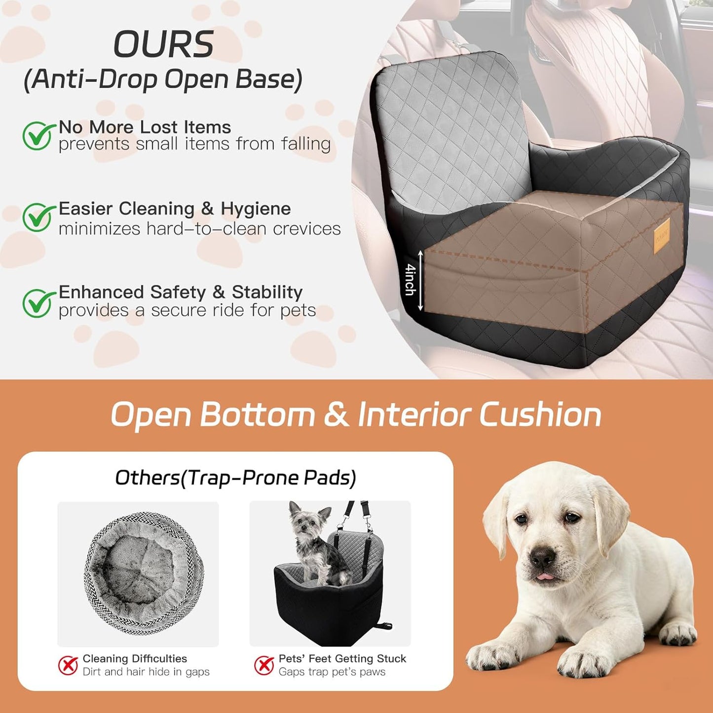 Dog Car Seat for Small/Medium Dogs Under 35lbs, Detachable & Washable Elevated Pet Travel Bed, 2 Storage Pockets & Safety Belt, Anti-Slip Base, Dog Booster Car Seat with Seamless Bottom Design