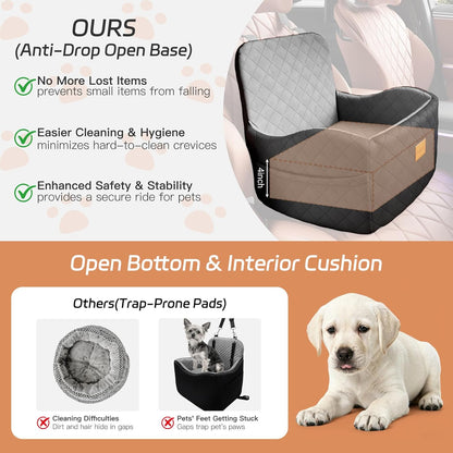 Dog Car Seat for Small/Medium Dogs Under 35lbs, Detachable & Washable Elevated Pet Travel Bed, 2 Storage Pockets & Safety Belt, Anti-Slip Base, Dog Booster Car Seat with Seamless Bottom Design