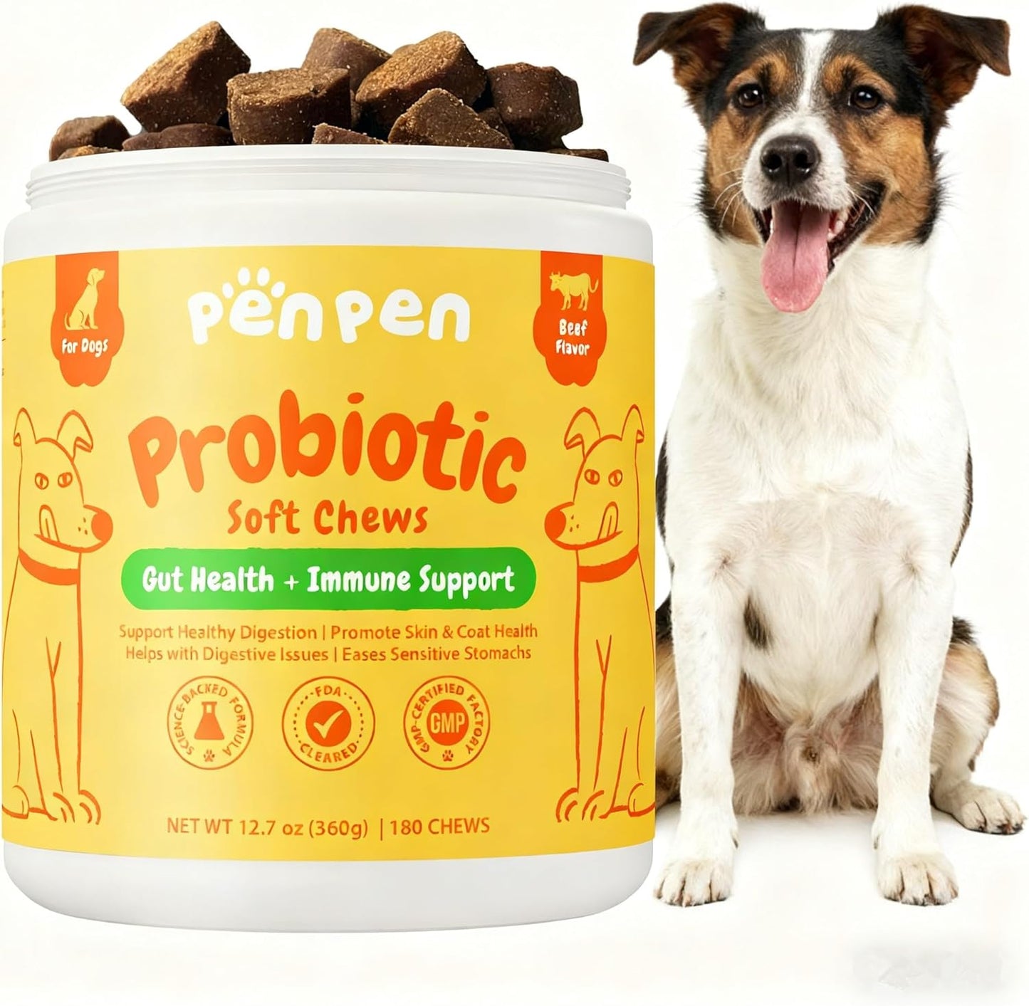 PENPEN Probiotics for Dogs, Dogs Probiotics for Digestive Health, Multi-Probiotic and Enzyme Blend Promote Gut Health & Immune Support, Eases Sensitive Stomachs - Beef Flavor, 180 Soft Chews