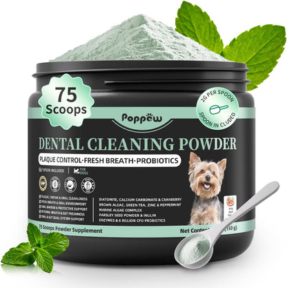 Dog Dental Powder – Teeth Cleaning Powder with 6B CFU Probiotics, Enzymes & Antioxidants, Plaque & Tartar Off, Fresh Breath Support, No Brushing Oral Care, Mint Beef Flavor, 75 Servings