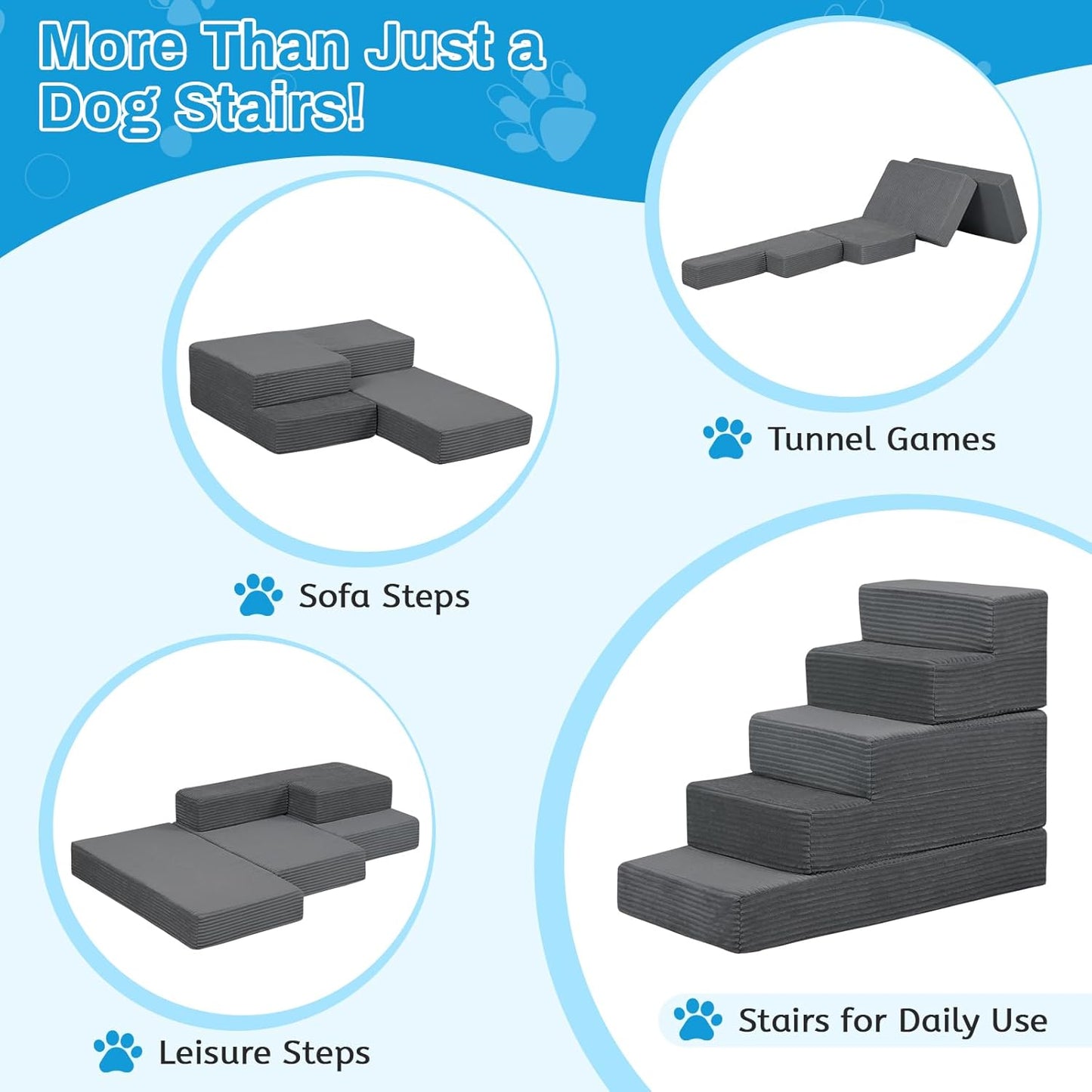 Dog Stairs for Small Dogs 22.4 H'', 5 Step Pet Stairs for High Beds Climb, Non-Slip Dog Steps for Bed Balanced, Foldable Soft Foam Support with Removable Washable Cover, Grey