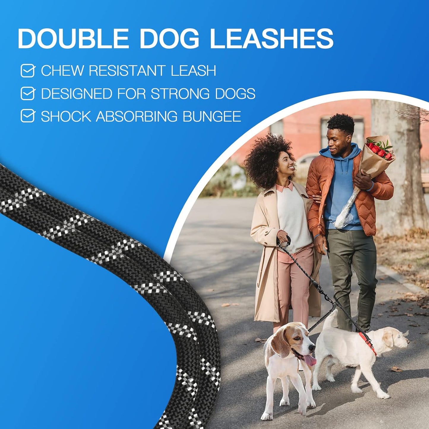 Double Dog Leash, Dual Dog Leash, 360° Swivel Tangle Free Bungee Walking Training for Large Medium Dogs, Shock Absorbing Bungee Reflective for Two Dogs, 18~120 lbs, Black